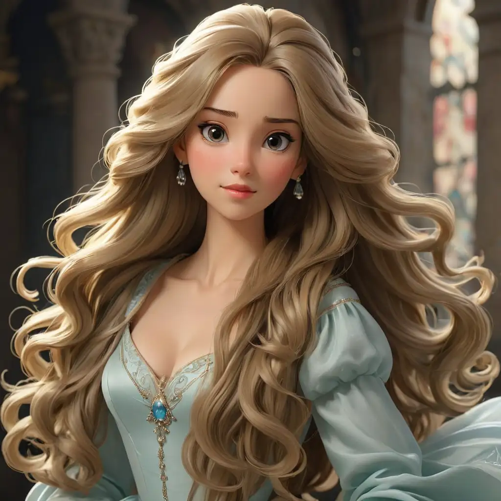 The princess with long flowing hair, elegant temperament, and affectionate expression