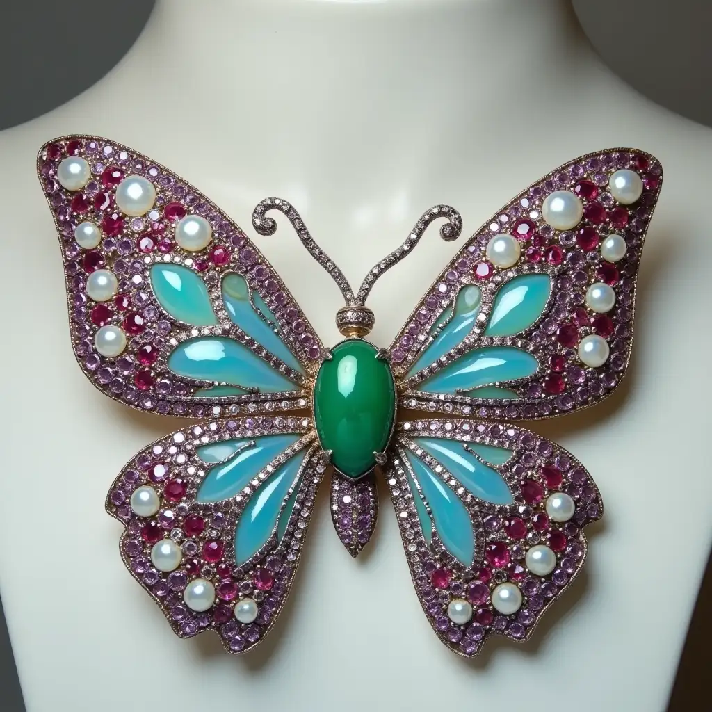 platinum, diamonds, emeralds, rubies, amethysts, moonstones, onyx, opals, amber, turquoises, sapphires, pearls, blue opals, topaz, jade, butterfly necklace