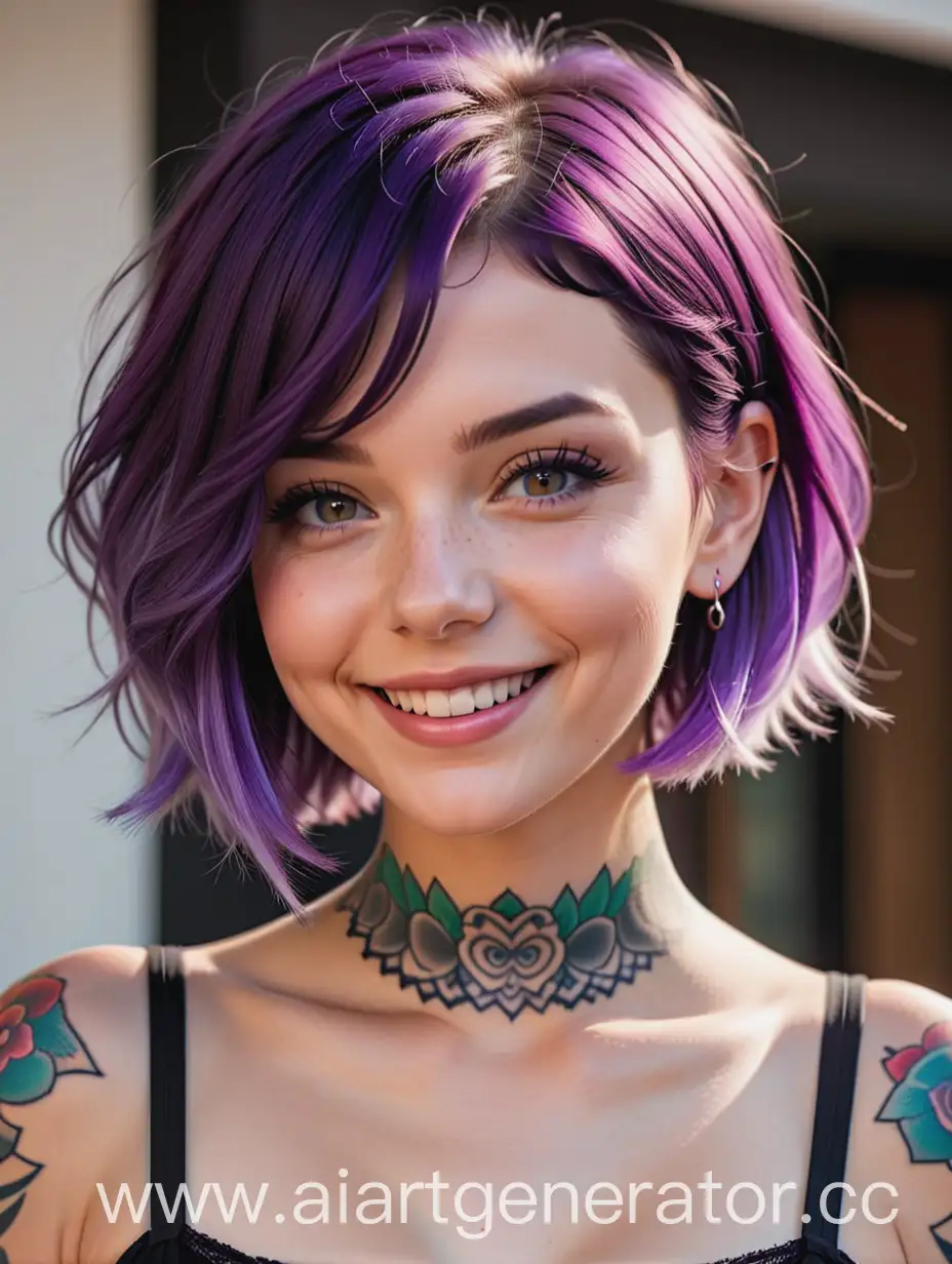 Cheerful-Girl-with-Short-Purple-Hair-and-Neck-Tattoo-Smiling