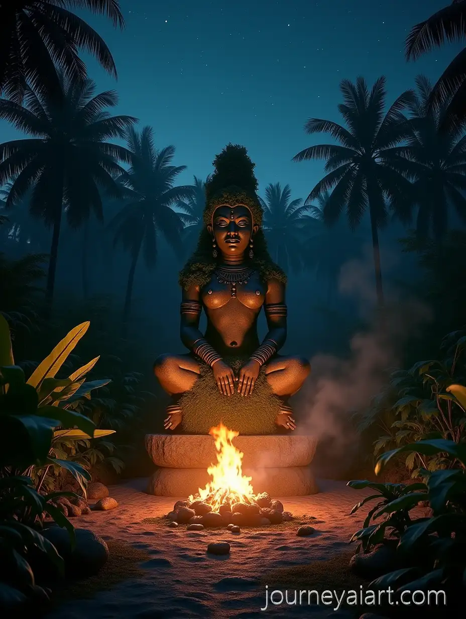 Ancient-Goddess-Statue-in-TropicalNight-Jungle-Statue-Jungle-at-Night-with-Bonfire