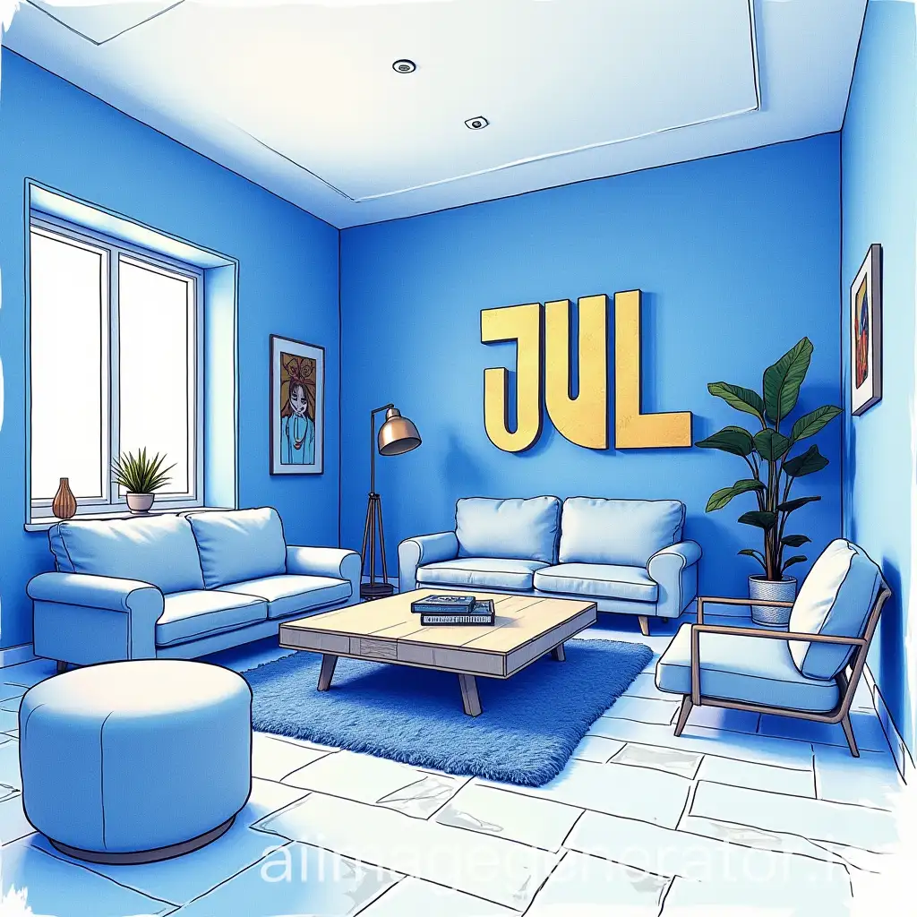 Rapper-JULs-Living-RoomStudio-with-Blue-Accents-and-Gold-Platinum-Logo