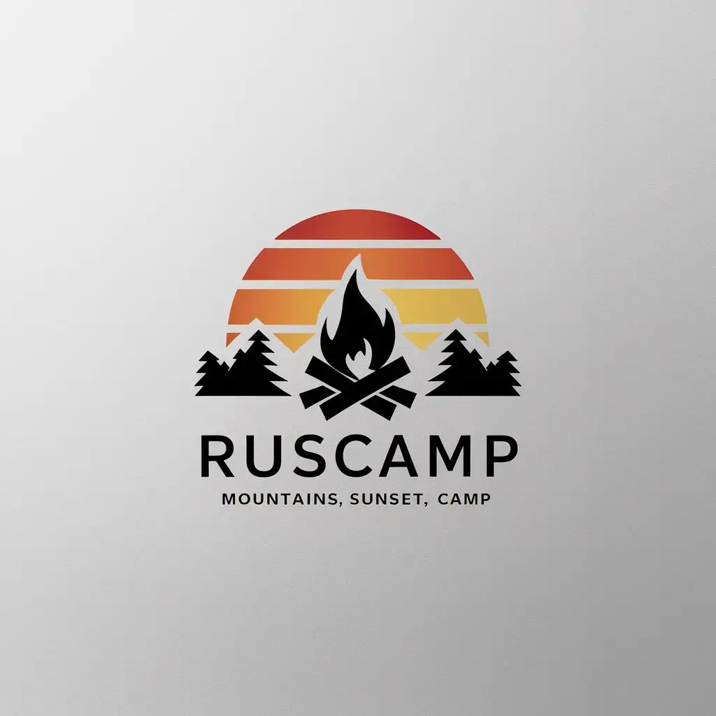 a logo design,with the text "Ruscamp, mountains, sunset, camp", main symbol:Bonfire,Minimalistic,be used in Travel industry,clear background