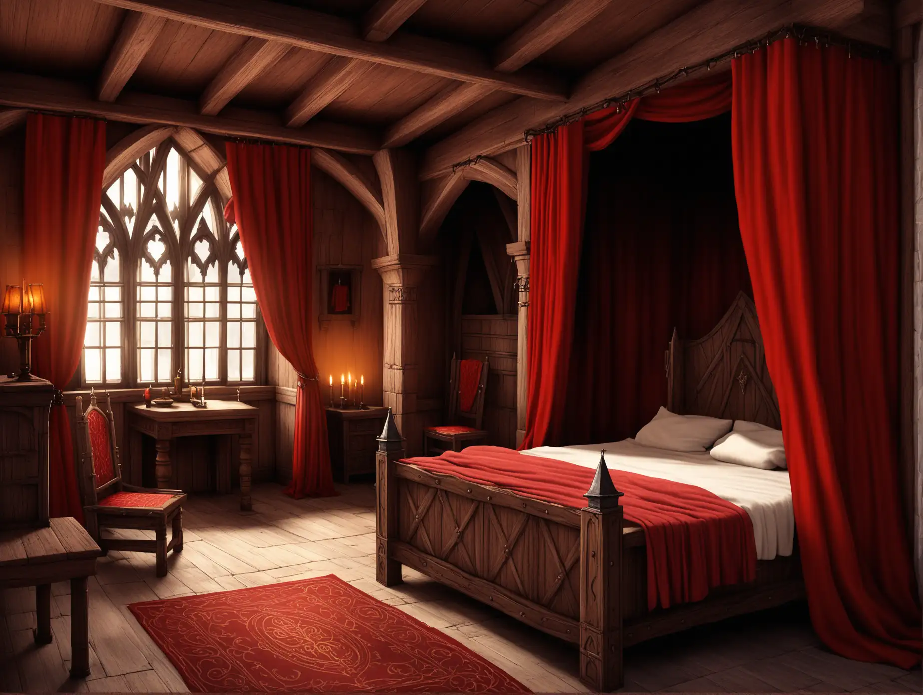 Cozy-Medieval-Fantasy-Room-with-Red-Curtains-and-Beautiful-Bed