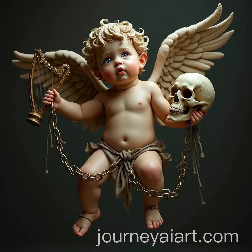 Realistic-Baby-Cupid-in-Halloween-Costume-with-Harp-and-Skull
