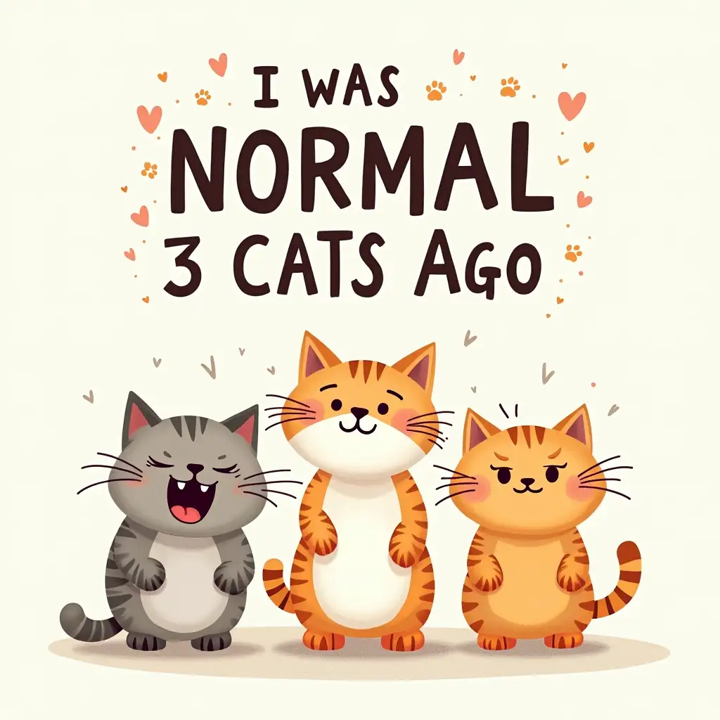 VEctor, Watercolor ART. Create a humorous graphic featuring three cartoon cats with exaggerated expressions: one smiling, one hissing, and one looking angry. The text 'I WAS NORMAL 3 CATS AGO' should be prominently displayed in bold, contrasting fonts. The background should be a light, neutral color with a subtle texture, like linen. Consider adding other humorous elements, such as speech bubbles or other animals, to enhance the visual appeal. The overall style should be playful and lighthearted, with a touch of irony.