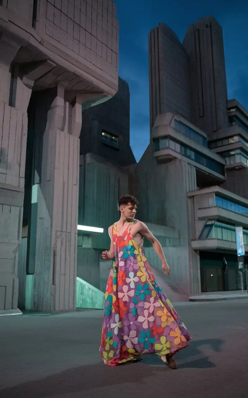 Colorful Floral Dress Dance in Urban Brutalist City at Night