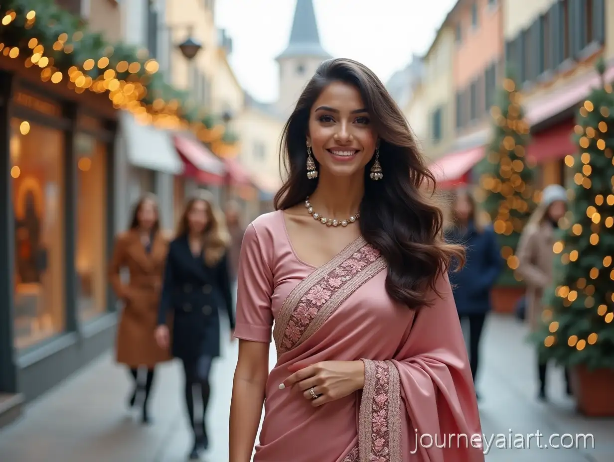 Elegant-Indian-Woman-in-Satin-Saree-Walking-Down-Christmas-Street