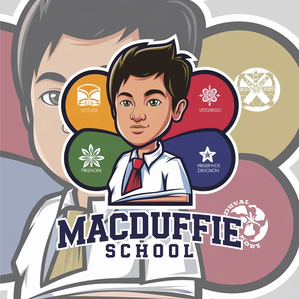 a vector logo design,with the text "MACDUFFIE SCHOOL", main symbol:Cartoon character design boy Filipino teenager seven colors representing seven virtues and spirits,Moderate,clear background