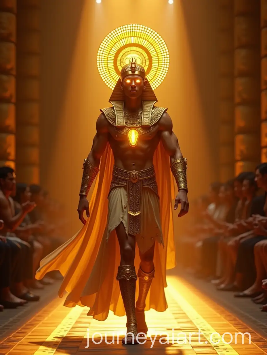 Male-Egyptian-Sun-God-Walking-Down-a-Luxury-Runway-in-Golden-Armor