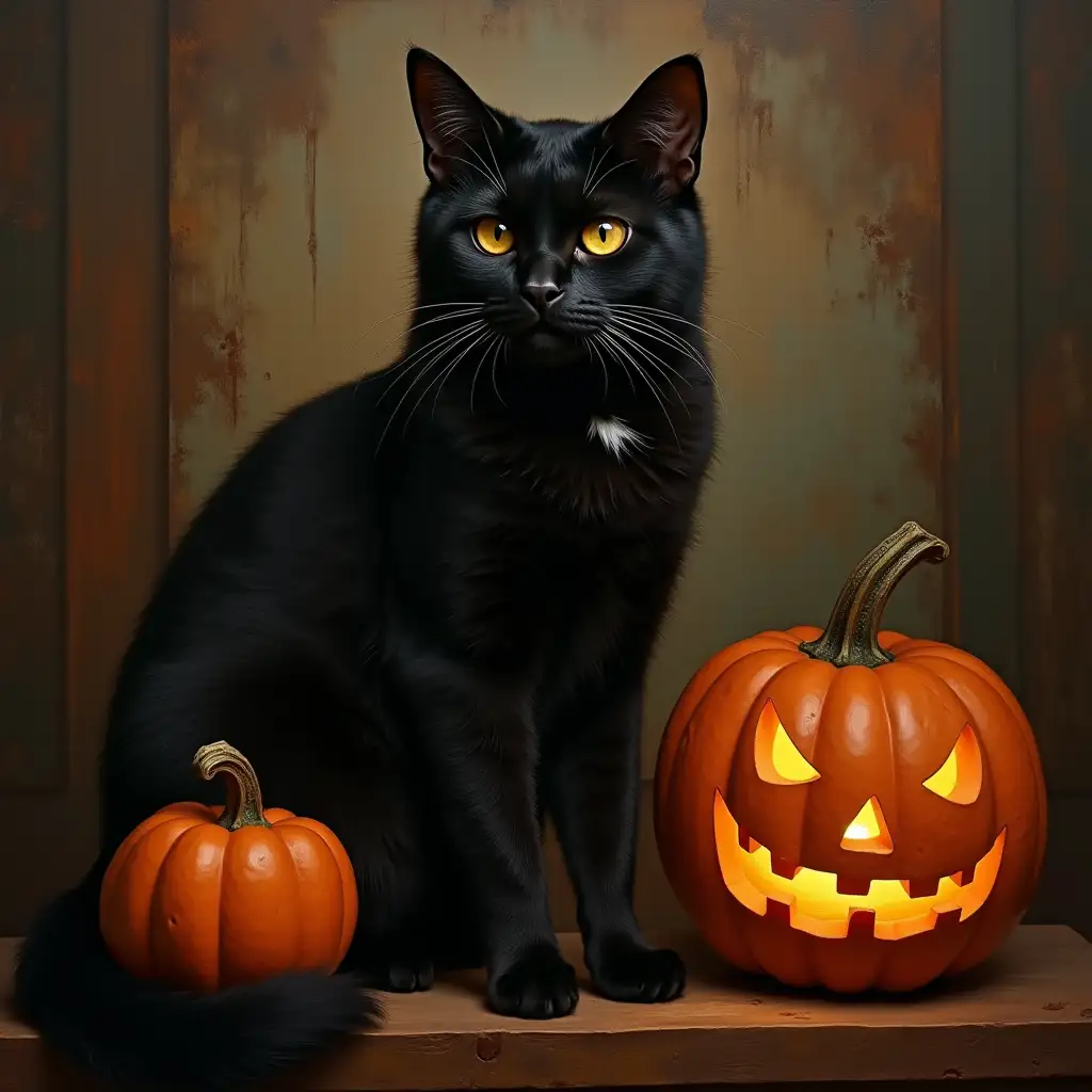 Dark Academia Black Cat and Halloween Pumpkins Baroque Wall Art