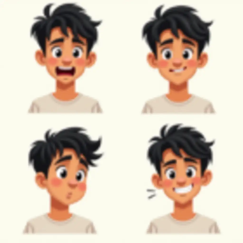 Create four separate flat-style digital illustrations featuring the same young male character. The character should have short, slightly messy black hair, brown skin, and wear a modern casual outfit (plain T-shirt). Illustrate him in a clean, vector-style cartoon look with a simple or no background.<br>The character should appear identical in all four images, with only the facial expressions changing. Each image should represent one of the following emotions: <br>Confused – tilted head, raised eyebrow, slightly open mouth<br>Happy – smiling naturally, relaxed face<br>Frustrated – furrowed brows, clenched teeth or hands on head<br>Very very happy – wide open smile or laugh, sparkling eyes, expressive joy<br>Maintain consistency in clothing, pose (if static), and character features across all four images.