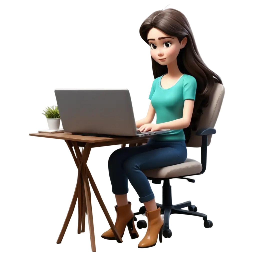 Animated-CartoonPNG-Image-Usage-Scenarios-Girl-Working-on-a-Computer-PNG-in-Blue-and-Green-Colors