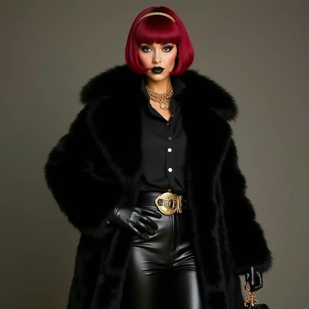 woman in long black fur coat, red bowl haircut with golden headband, heavy black make up on the face, black blouse with golden buttons, gold chain neck collar, black leather gloves, black leather shiny pants with gold belt, thigh high black leather shiny platform boots, black leather purse with golden ornaments