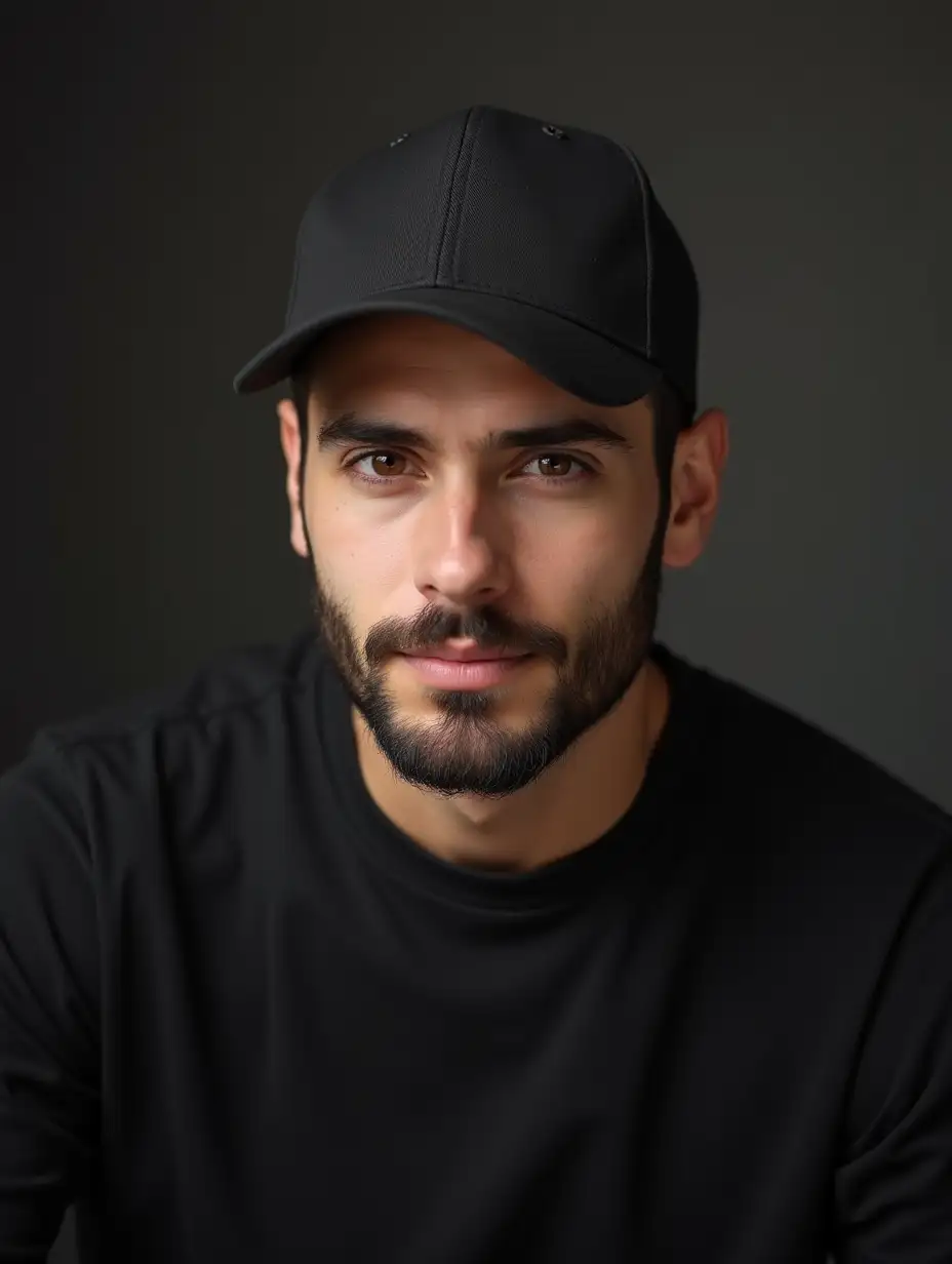 a cool youtuber , in a studio , reacting Persian to  guy . wear cap , short beard , black shirt , handsome