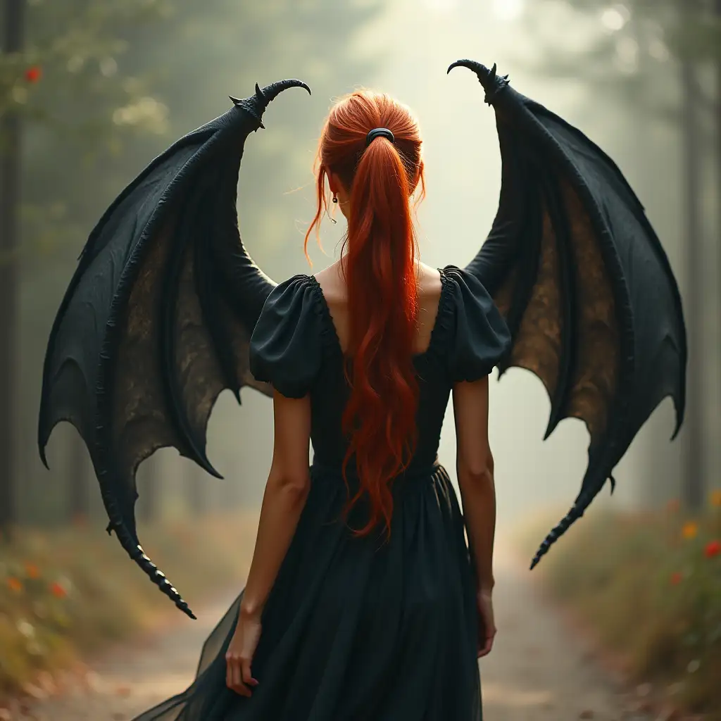 Woman-with-Long-Red-Hair-and-Black-DragonFlying-woman-with-dragon-wings-Wings-Flying-Away-from-34-Angle