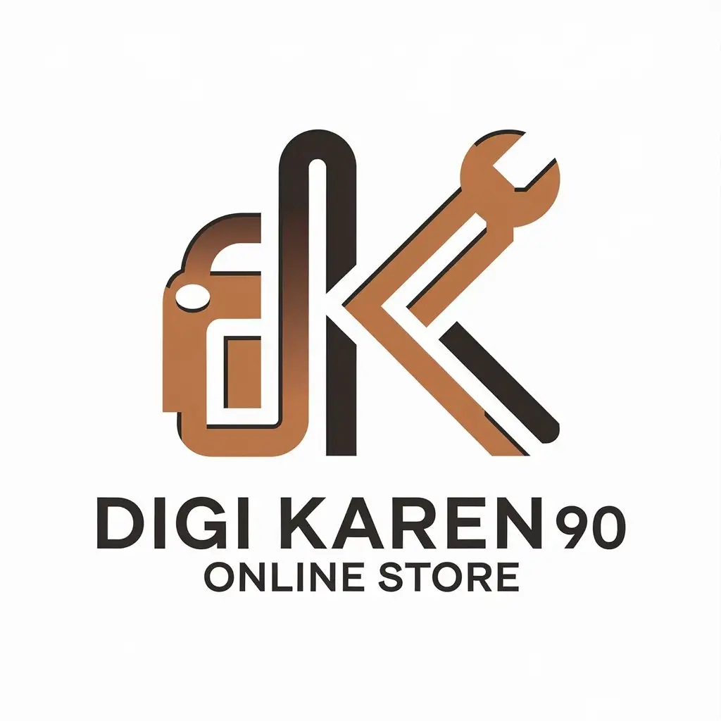 a vector logo design,with the text "DIGI KAREN 90
DigiKaren 90 Online Store", main symbol:a symbol that includes shape of a car, mobile and tools,Minimalistic,be used in Internet industry,clear background