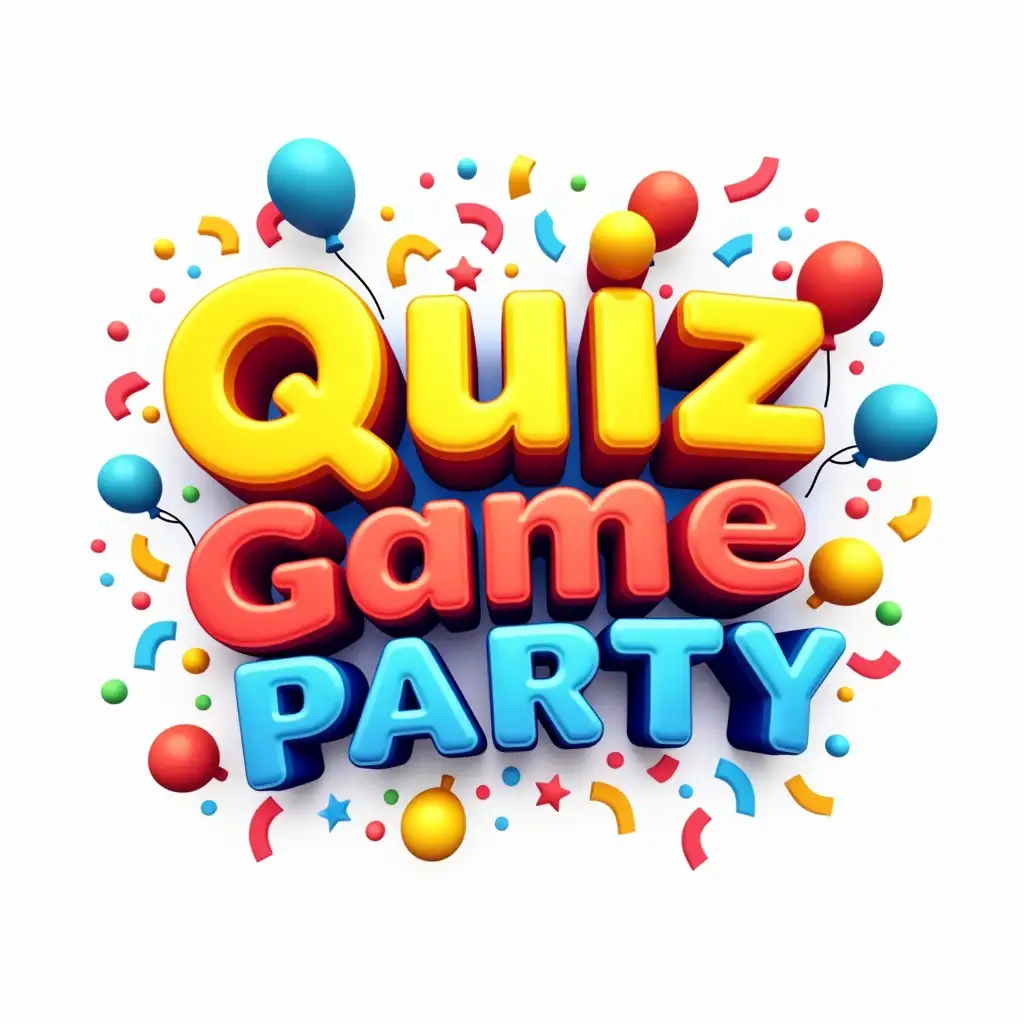 Celebratory Quiz Game Party Logo with Confetti and Balloons