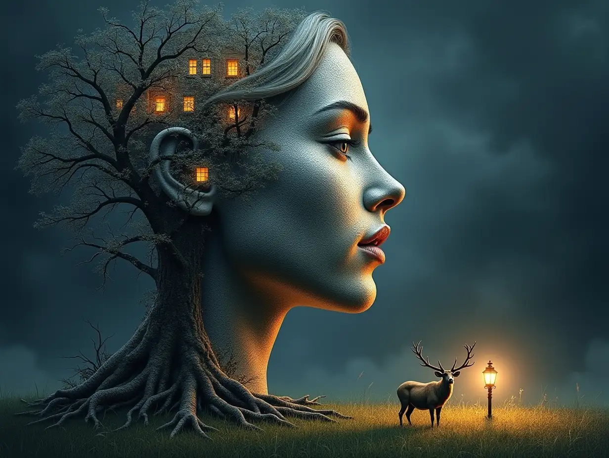 Face with hair transformed into a building with silver stone and illuminated trees with roots and lamp on a meadow with animals