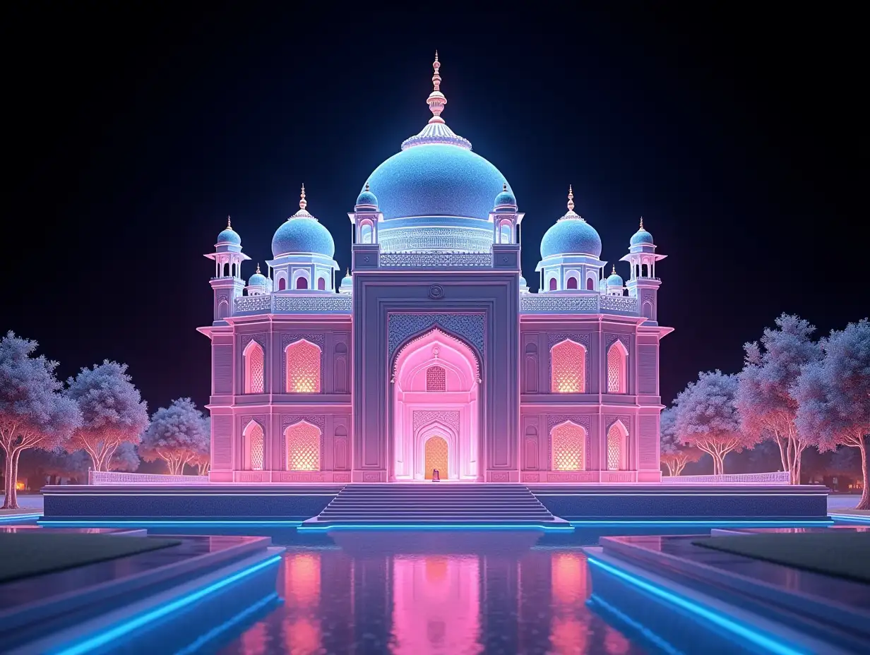 A majestic temple with intricate architecture, inspired by traditional Indian designs, featuring domes, arches, and ornate details. The temple is designed in a glassmorphism style, with semi-transparent frosted glass elements and glowing neon outlines in vibrant colors. The structure appears ethereal, with smooth, polished surfaces and subtle reflections that highlight its grandeur. The background is a deep, dark black, creating a striking contrast and allowing the glowing neon edges and frosted glass effect to stand out beautifully. neon dreamy trees, Highly detailed, artistic, eye-catching, very attractive, 128k uhd