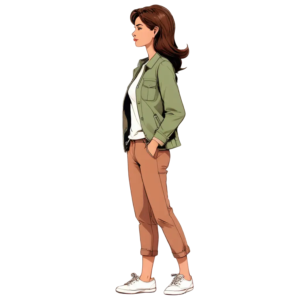 woman looking to left side wearing jacket over t shirt and boat shoes with a pants with shag cut hair and slightly fat body her body should be facing the screen and neck and face looking side ways cartoon sketch