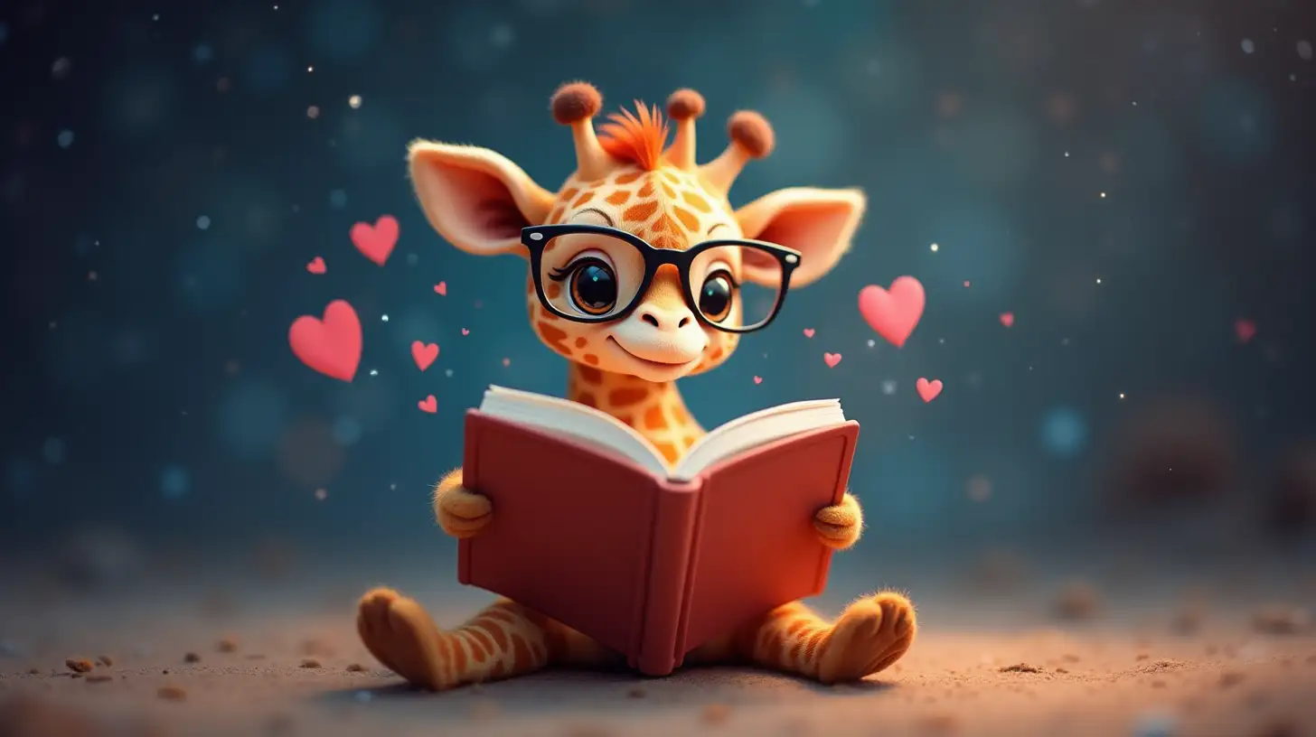 Baby Giraffe Wearing Glasses Surrounded by Hearts in Space While Reading a Book