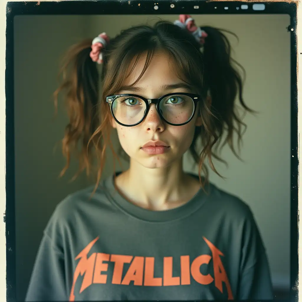 16YearOld-Girl-with-Messy-Ponytails-and-Oversized-Metallica-TShirt-in-Grainy-Polaroid-Photo