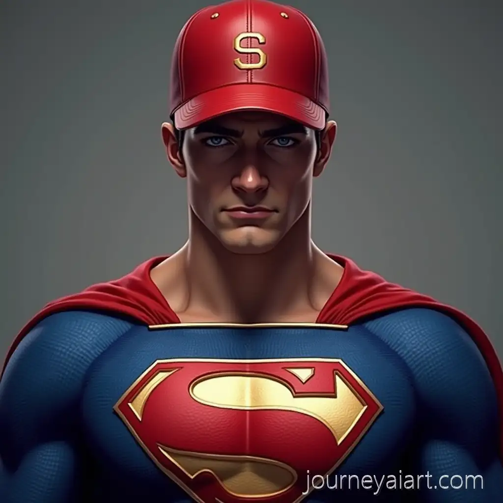 Heroic-Superhero-in-Red-Cape-and-Blue-Suit-with-Golden-Emblem