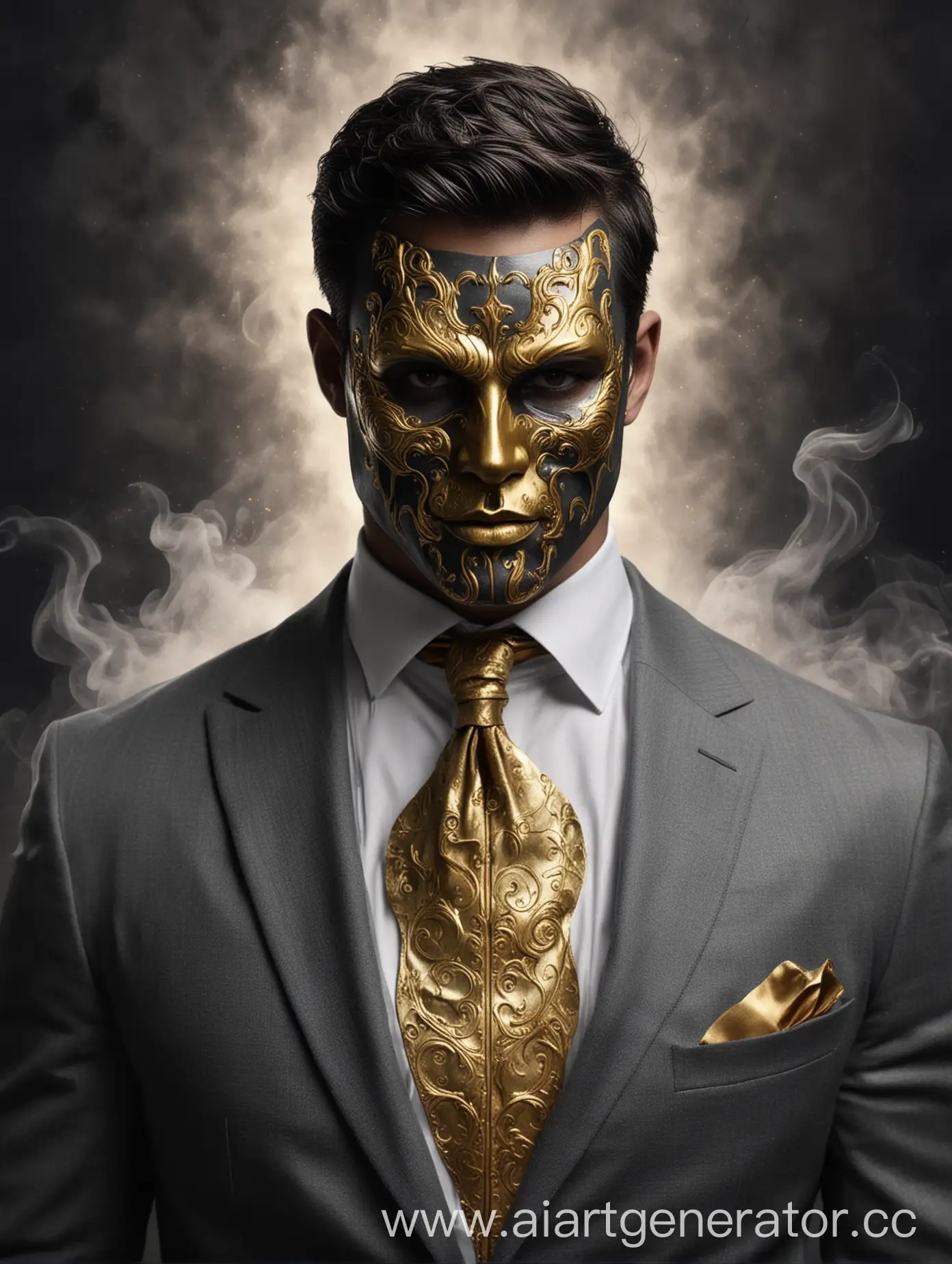 Man-in-Golden-Sin-Mask-and-Gray-Suit-on-Black-Smoke-Background