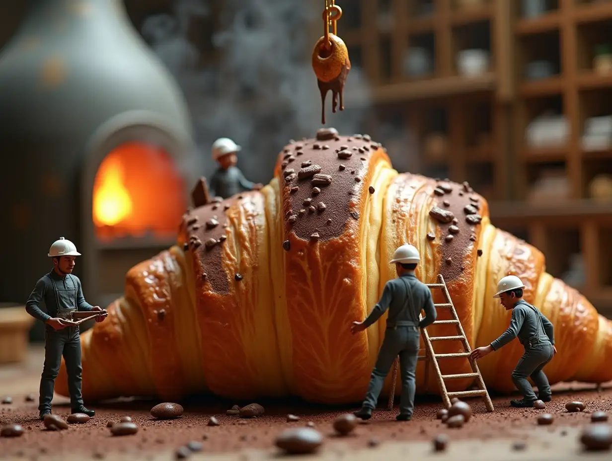 A tiny world workers are assembling a giant croissant, using ladders to place chocolate, cranes lifting Nutella , a wood-fired oven steaming in the background, ultra-detailed, hyper-realistic textures, cinematic lighting, cozy french vibes.