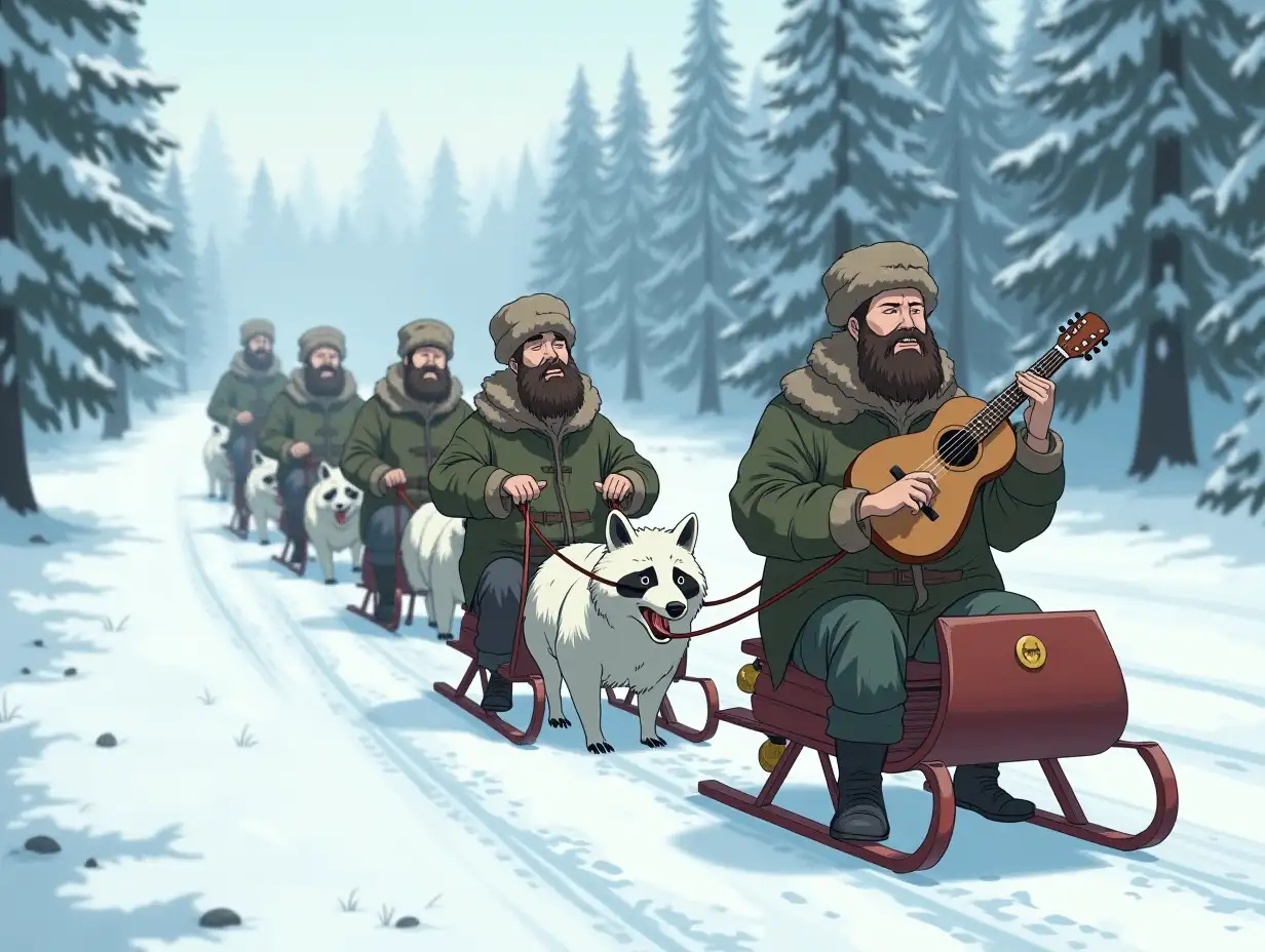 Background - a snowy winter forest. Along the road are sleds drawn by three large thick white furry raccoons (or foxes) with bells and jingles. The men in the sleds are three bearded Russian peasants dressed in camouflage jackets, fur hats, and valenki, all singing. One man plays a harmonica, another a balalaika, and the third whips the raccoons (or foxes). Anime style.