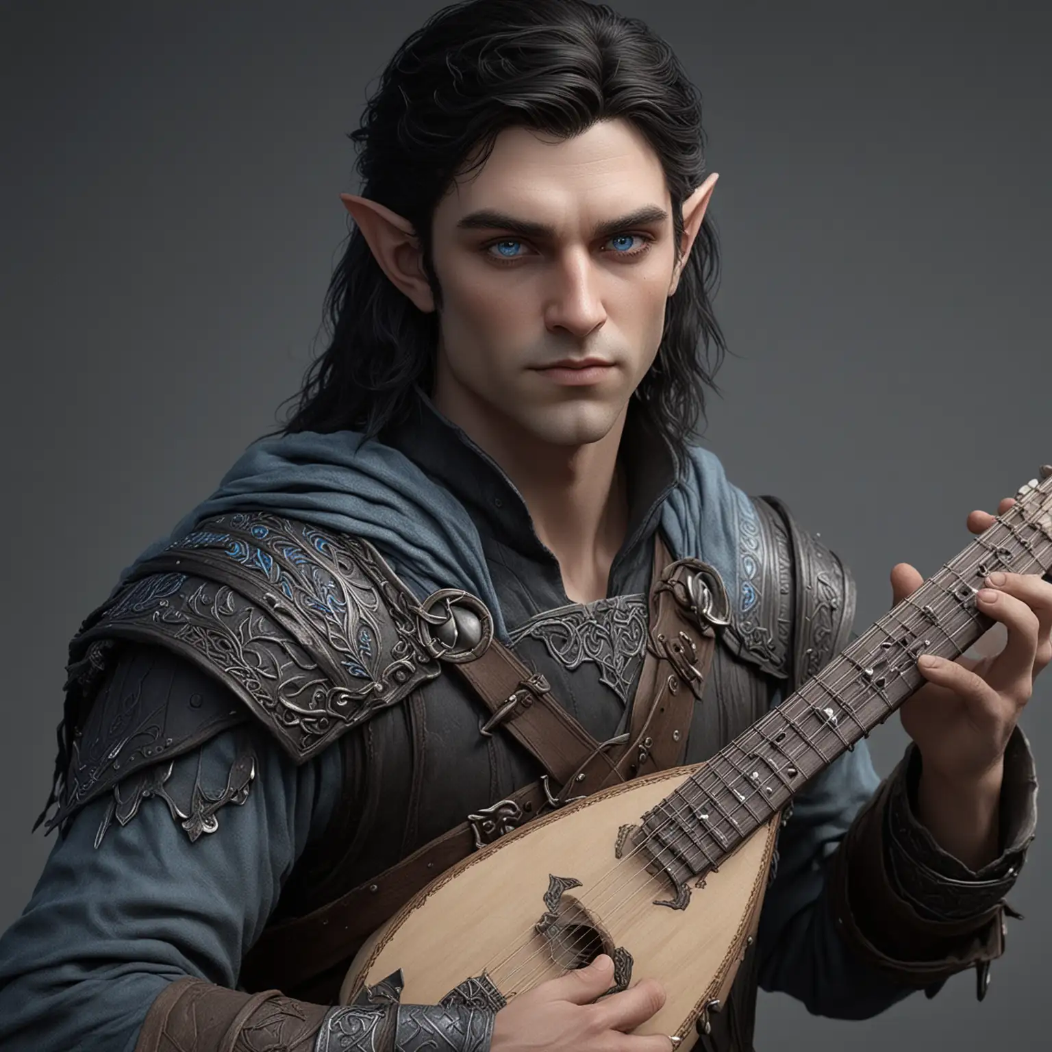 male half elf, raven hair, ice blue eyes, robust features, fit appearance, holding a lute, realistic