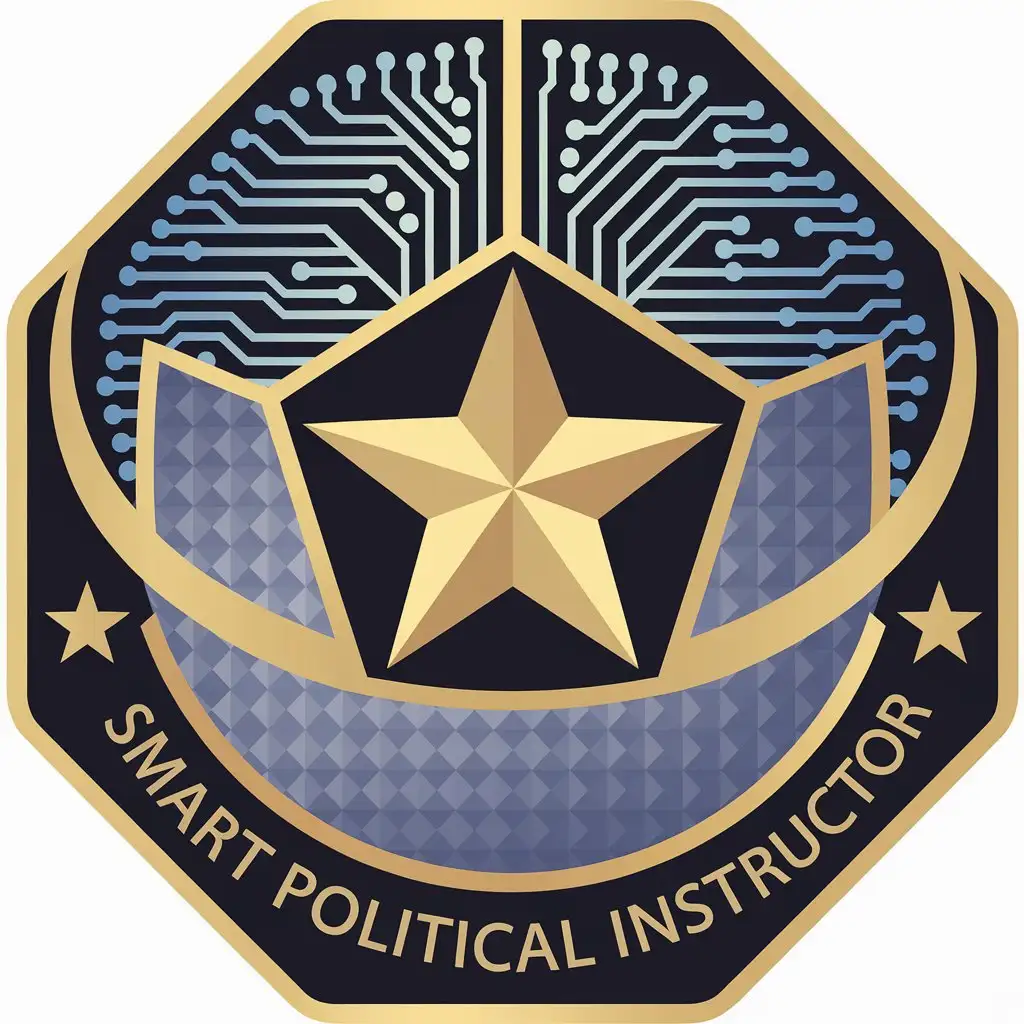 LOGO Design for Smart Political Instructor Circular Badge with Pentagon Base Digital Neural Network and 3D Great Wall Elements