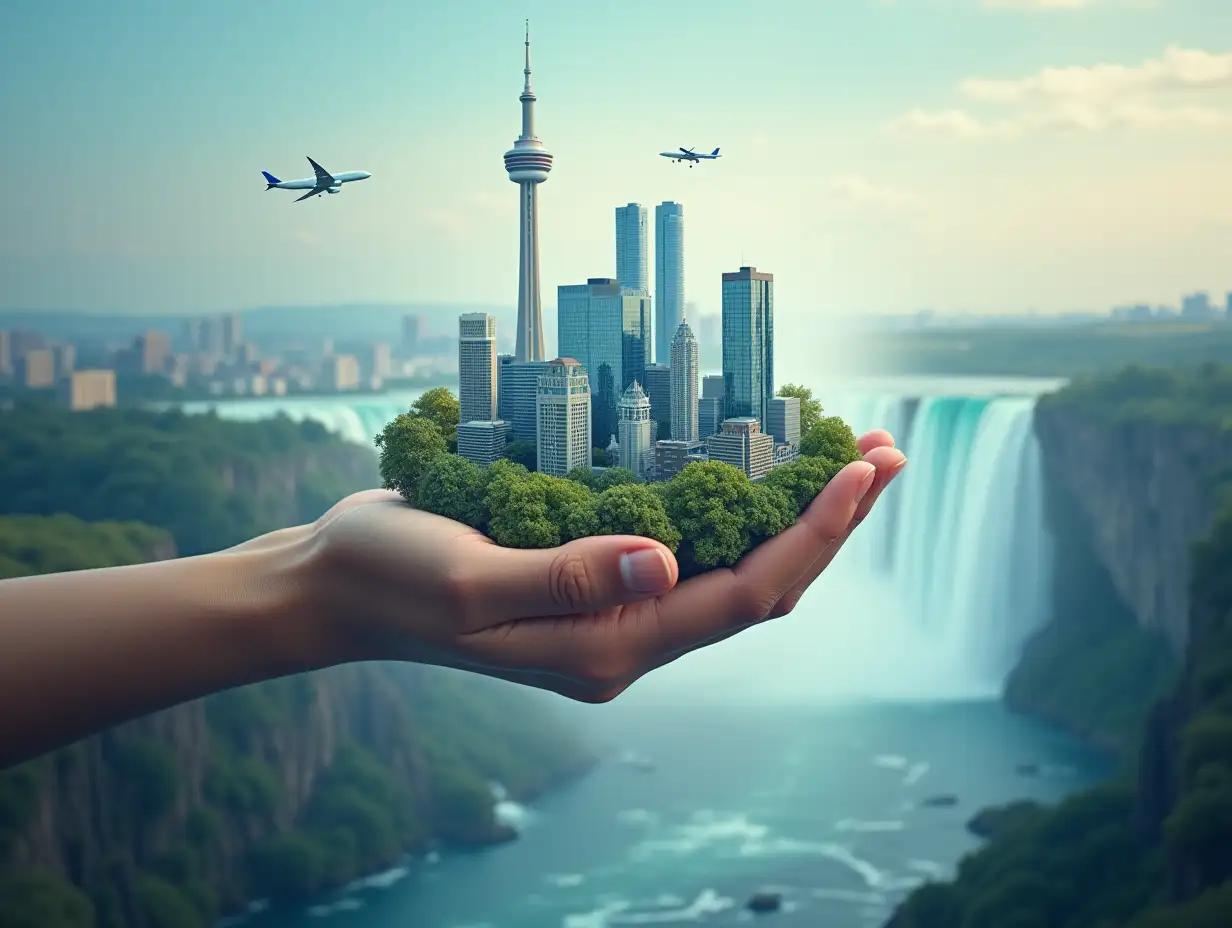 a stretched out hand with a city, airplanes and a waterfall