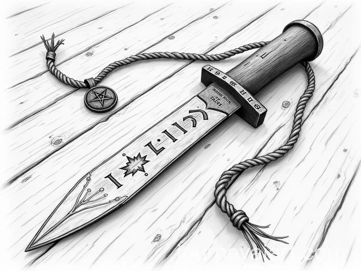 Intricate-Ritual-Knife-with-Runes-and-Amulet-on-Wooden-Floor