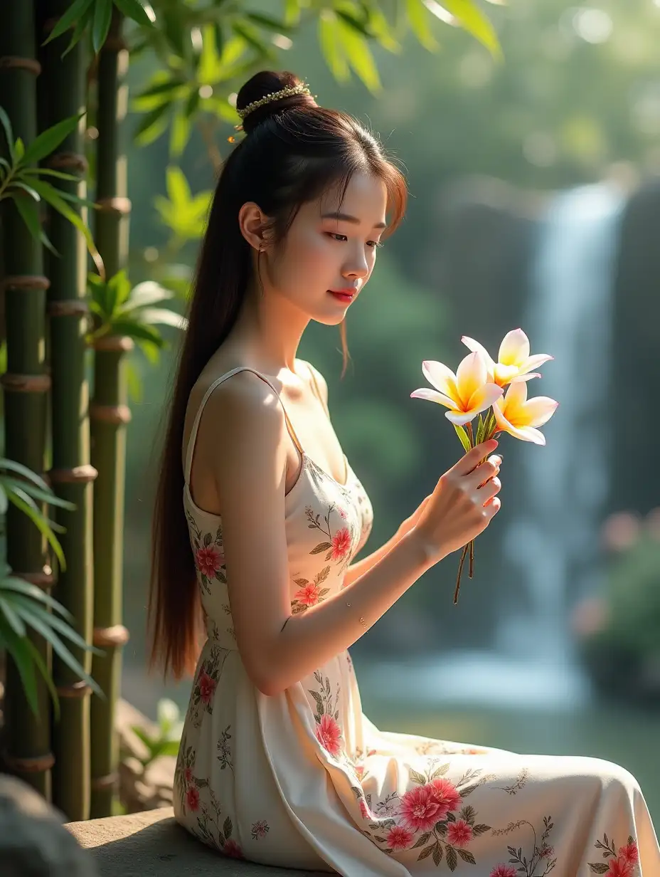 photo realistik HD of a very beautiful Chinese woman, brown ponytail, wearing a sleeveless floral dress sitting in a pavilion garden among green bamboo leaves, lush frangipani flowers, holding a branch of winter frangipani, blurred waterfall, soft light, high quality