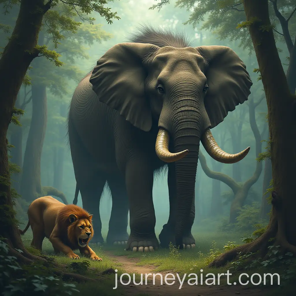 Hindu-Giant-Demon-Devouring-Lion-and-Elephant-in-a-Dense-Forest