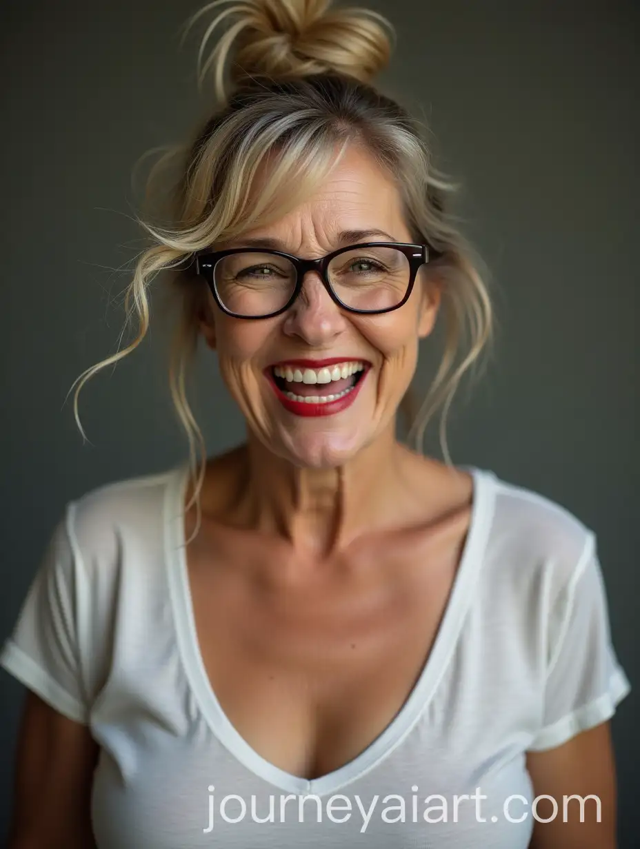 Portrait-of-a-60YearOld-Woman-with-Messy-Bun-Glasses-and-Bright-Smile