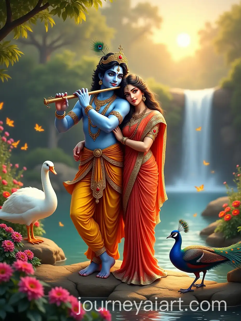 Krishna-and-Radha-in-Serene-Garden-with-Flute-Peacock-Feather-and-Divine-Love