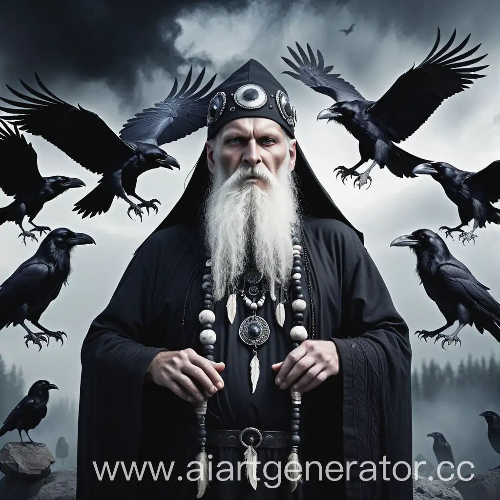 Shaman-Conjuring-Ravens-in-Black-Clothing-and-Long-White-Beard