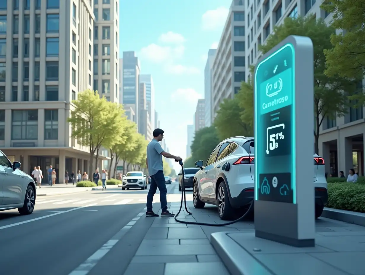 Create a short, dynamic video featuring a busy urban environment with various electric vehicles (EVs) charging at different types of charging stations. The scene should depict a modern city with clean, futuristic architecture, showing a mix of public and private EV charging stations along streets, in parking lots, and at buildings. In the foreground, show a person plugging in their electric vehicle into a charging station, with a digital display showing the charging process. Include subtle motion effects like passing cars and pedestrians to convey a sense of movement and life in the city. The lighting should be bright and daytime, with a clear sky and vibrant, clean surroundings. Add a small pop-up visual showing the percentage increase in battery charge as a metaphor for the growing EV infrastructure