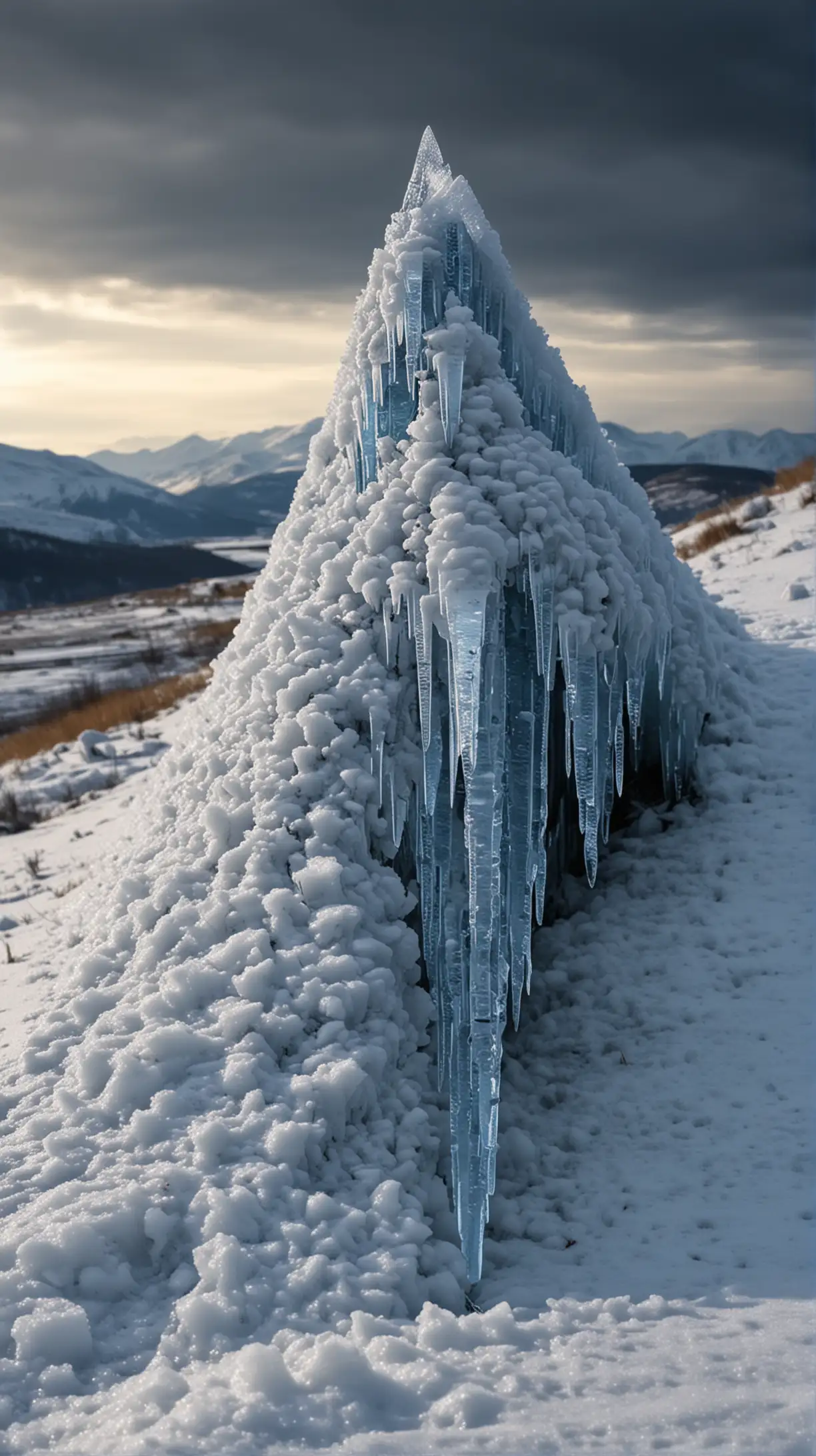 Icy Blue Icicles in Snowy Mountain Landscape