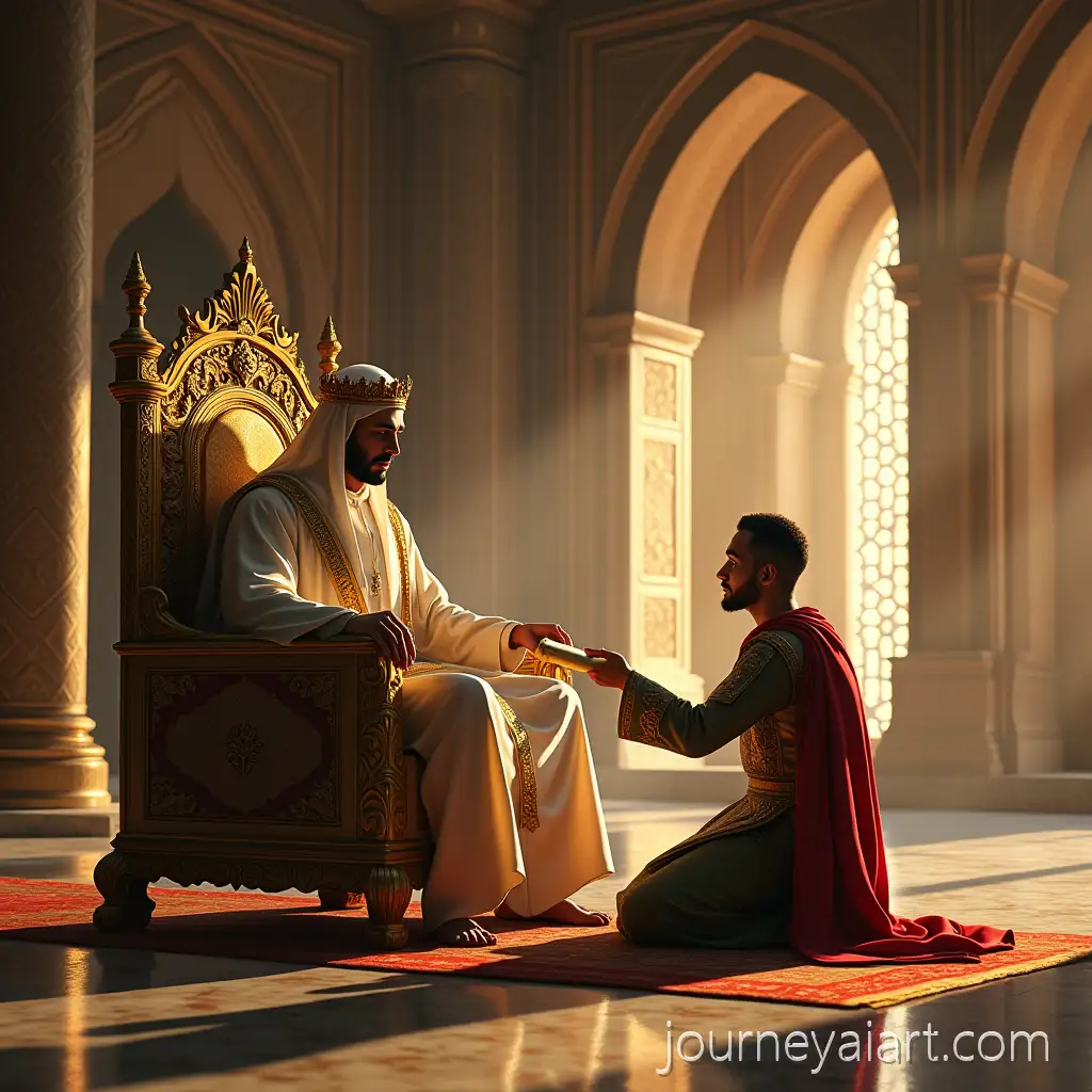 Majestic-Arab-King-Handing-Sealed-Scroll-to-Loyal-Soldier-in-Grand-Palace