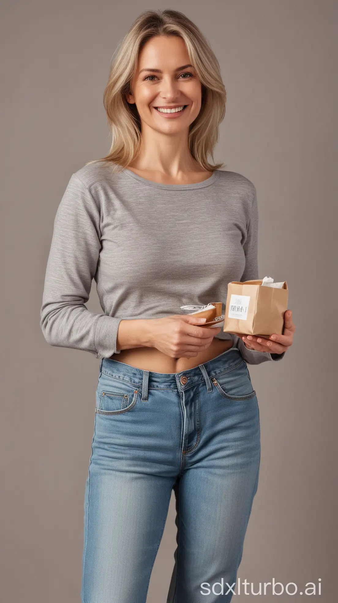 40 years old white slim woman wearing jeans holding a package of tea in one hand and smiling