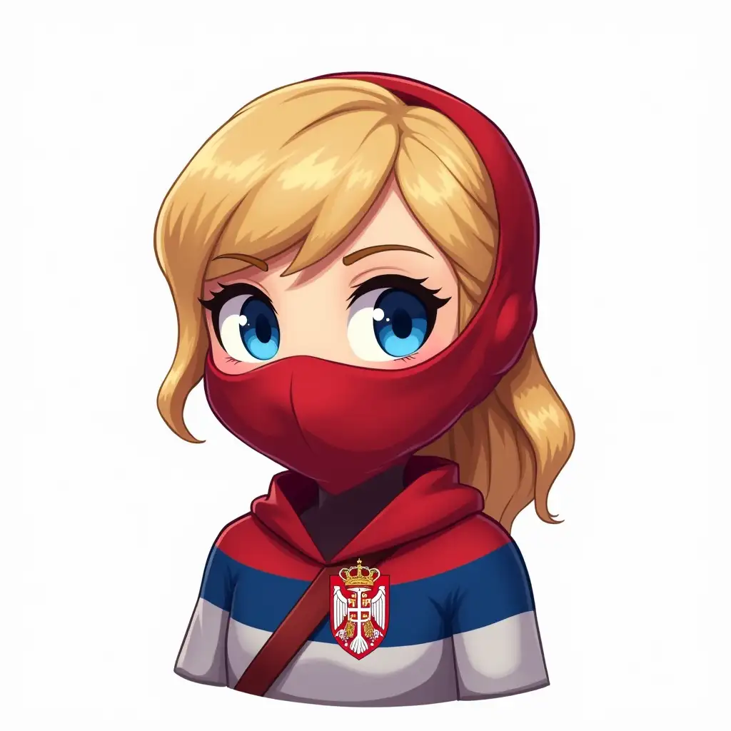 a female blonde blue eyed ninja to use as slack emoji, incorporate the Serbian flag colors red white and blue and logo somewhere in her outfit, cute comic style. use transparent background, very simple style for small emoji, show only shoulders and up