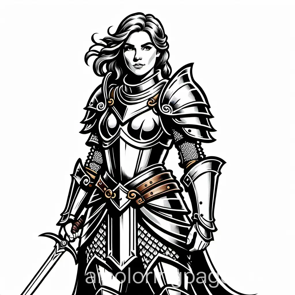 fantasy, knight, female, human, warrior, Coloring Page, black and white, line art, white background, Simplicity, Ample White Space