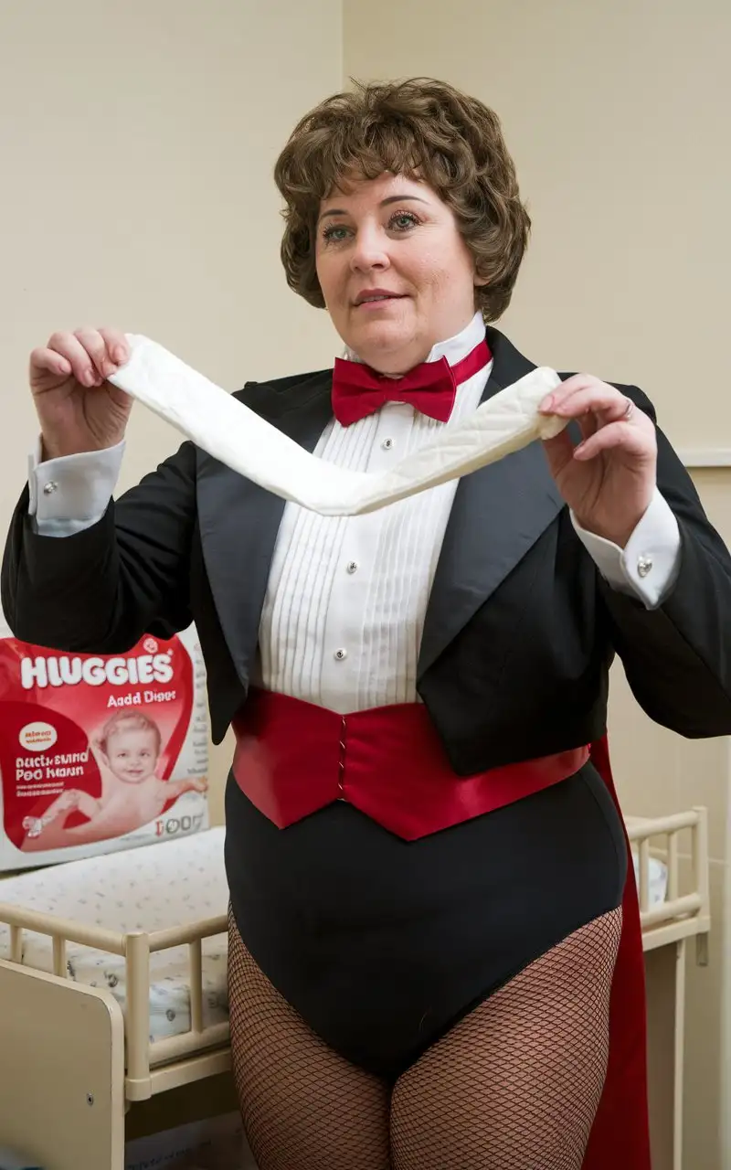 Smiling-Caucasian-Woman-in-Formal-Tuxedo-with-Huggies-Adult-Diapers-in-Nursery