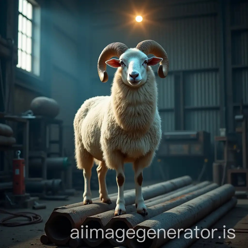 A majestic Eid sheep with thick, soft white wool and curved horns, standing proudly on a bundle of hollow iron beams inside an industrial metal warehouse. Professional cinematic lighting casts soft highlights on the sheep’s fur and creates dramatic shadows across the cold, textured steel beams. A warm light spills from an upper corner window, contrasting with the cool blue tones of the metal surroundings. Dust particles float in the air, adding realism. In the background, neatly arranged tools and industrial equipment sit on shelves, enhancing the scene’s authenticity. The sheep's gentle gaze toward the camera adds life, warmth, and a touch of unexpected serenity to the harsh setting. Shot with a shallow depth of field, high detail, and photographic realism. --v 5 --ar 16:9 --style cinematic --q 2