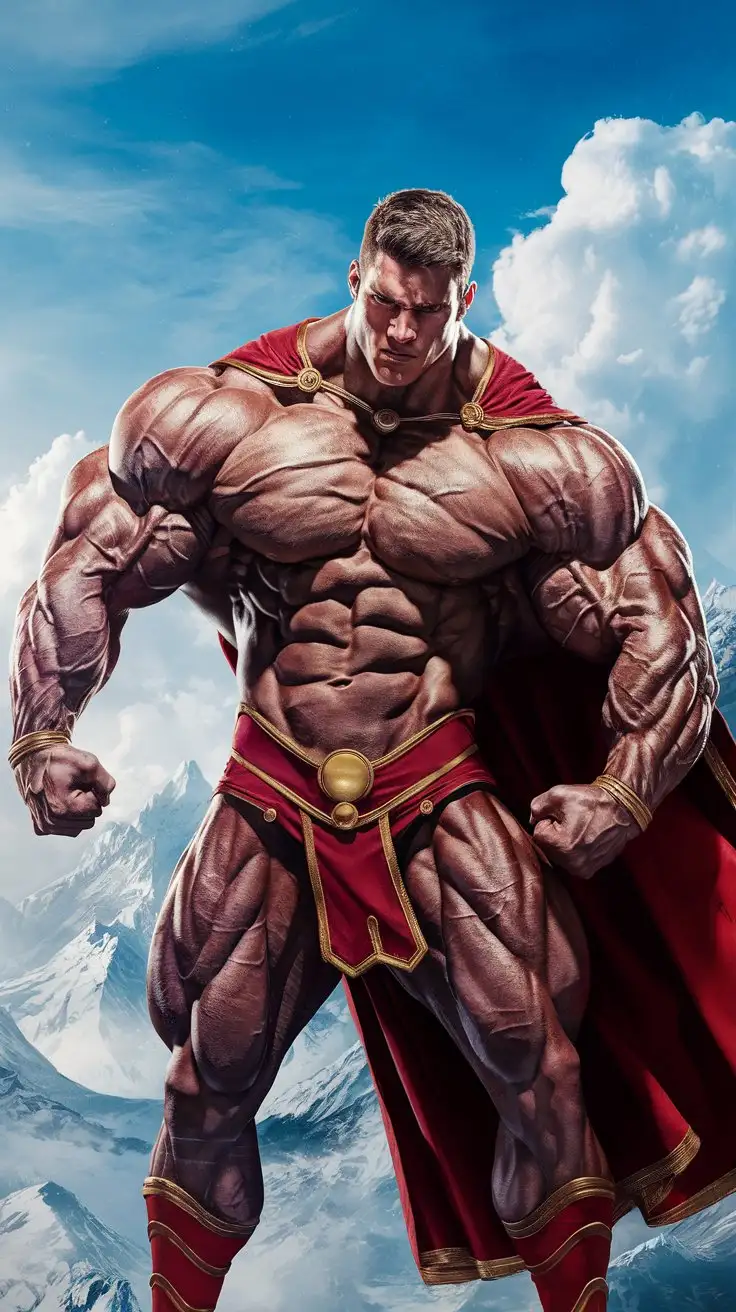 Powerfully muscled, hugely ripped, pumped, bodybuilder musclegod superhero reverently receives the blessing of Olympus. 24 years old. Photorealistic.