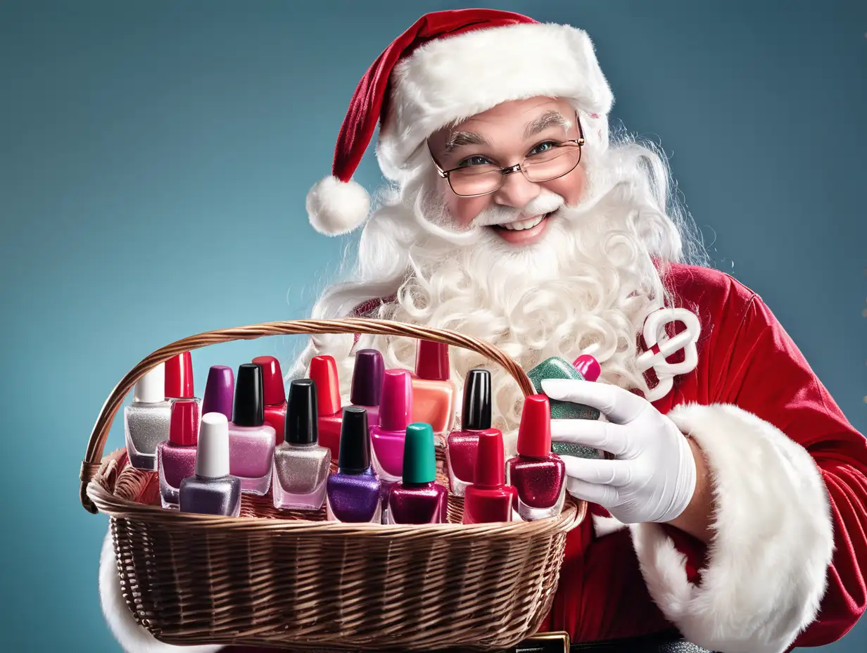 Santa Claus Holding Basket of Nail Polish Smiling