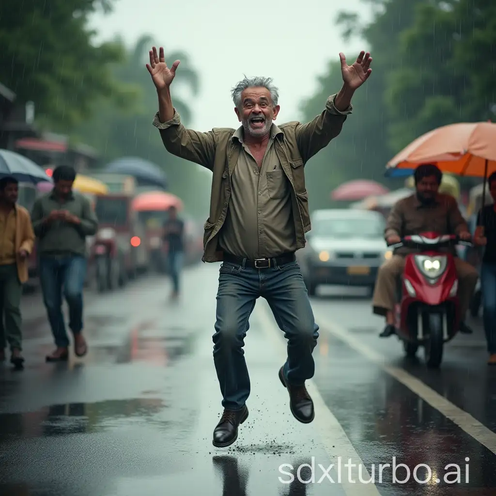 Joyful-MiddleAged-Man-Dancing-in-Rain-on-Busy-Street